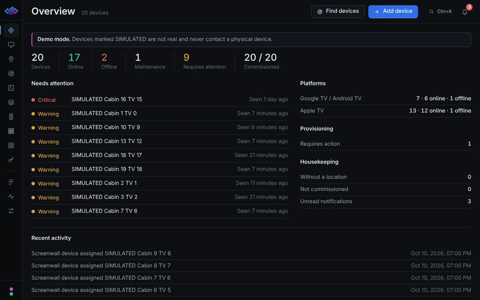 Streaming Device Fleet Controller overview showing device counts and items needing attention