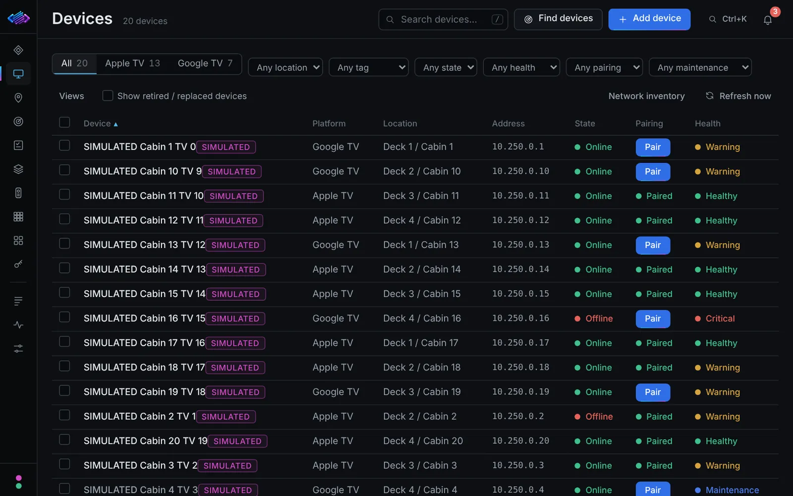 Streaming Device Fleet Controller device list with state, pairing and health
