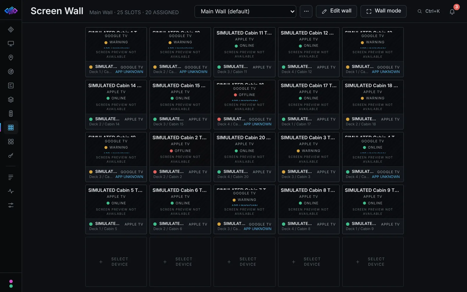 Streaming Device Fleet Controller screen wall of device tiles
