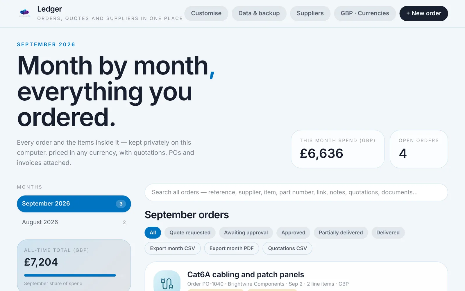 Ledger orders list for September, with spend, open orders and quote status on each order