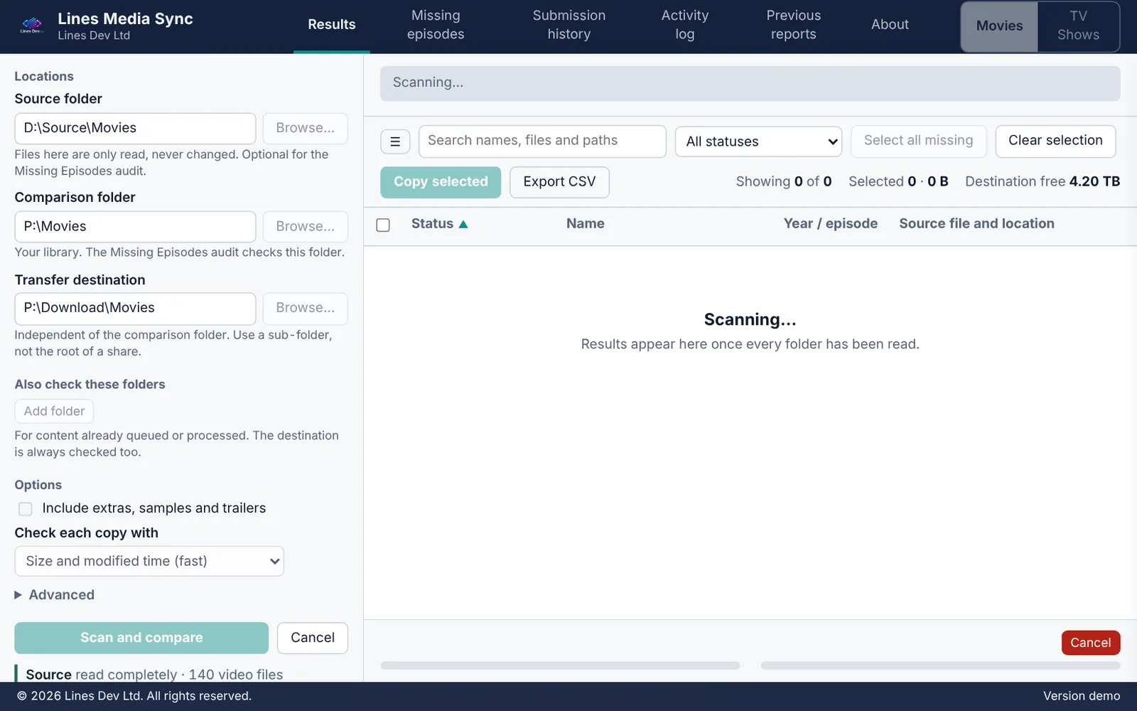 Lines Media Sync scanning a source folder and comparing it with the library